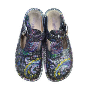 Alegria Slip On Paisley Print Metallic Leather Comfort Clog Slip Resist Size 38